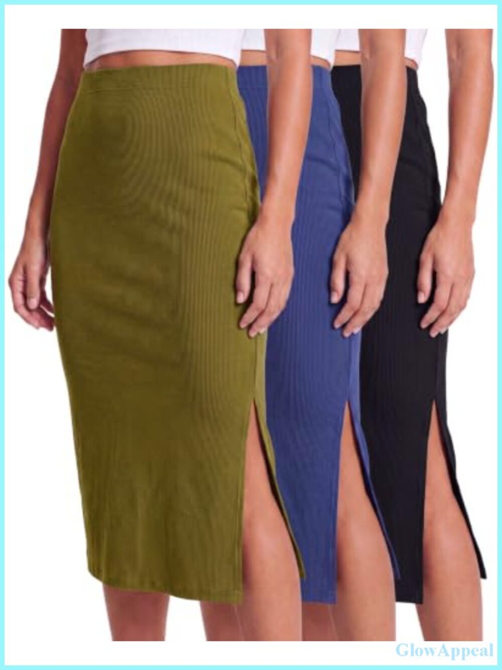 3 Pack Ribbed Midi Pencil Skirt High Waist Knee Length Back Slit Work